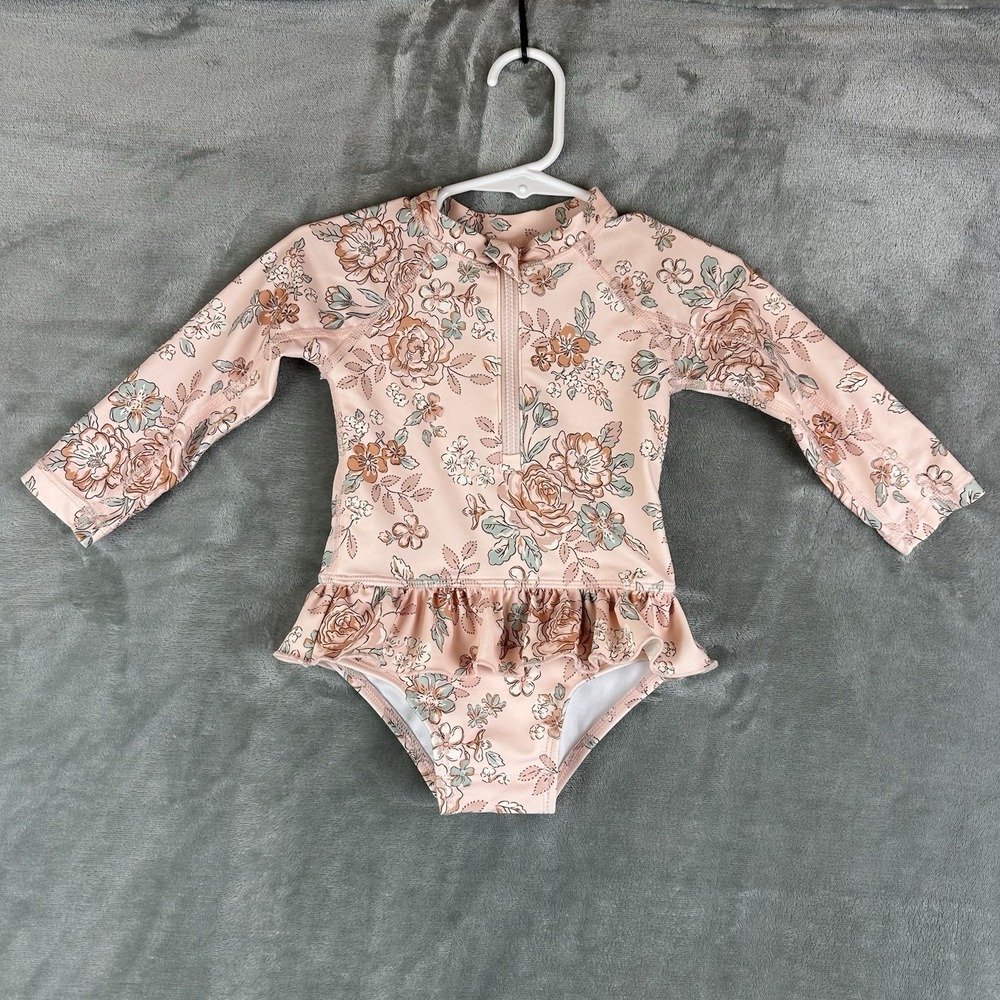 Modern Moments Gerber Swimsuit Girls 12 M Pink Floral Ruffle Long Sleeve Zip NEW